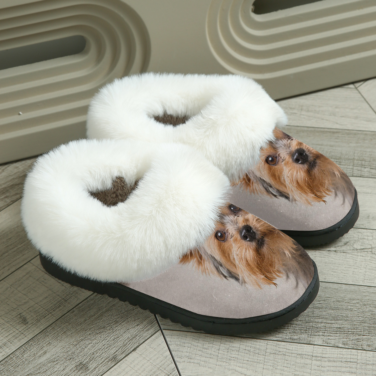 Fuzzy Slide Sandal with Realistic Puppy Print and Plush Lining for Cozy Indoor Comfort