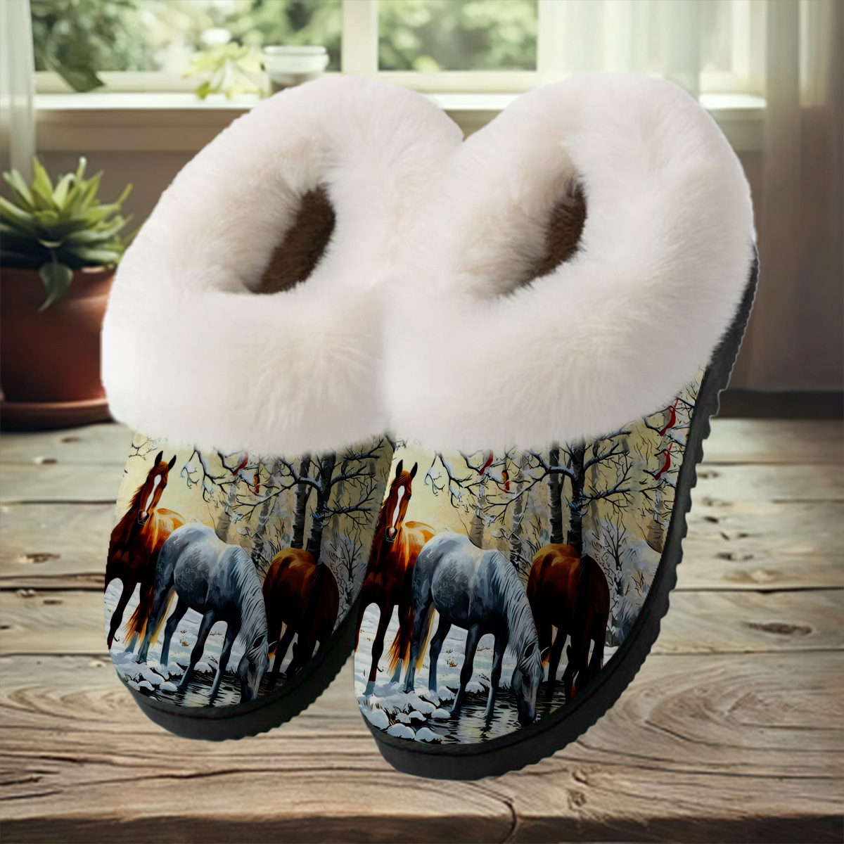 Artistic Horse Print Fuzzy Slide Sandal with Plush Lining for Cozy Winter Indoor Comfort