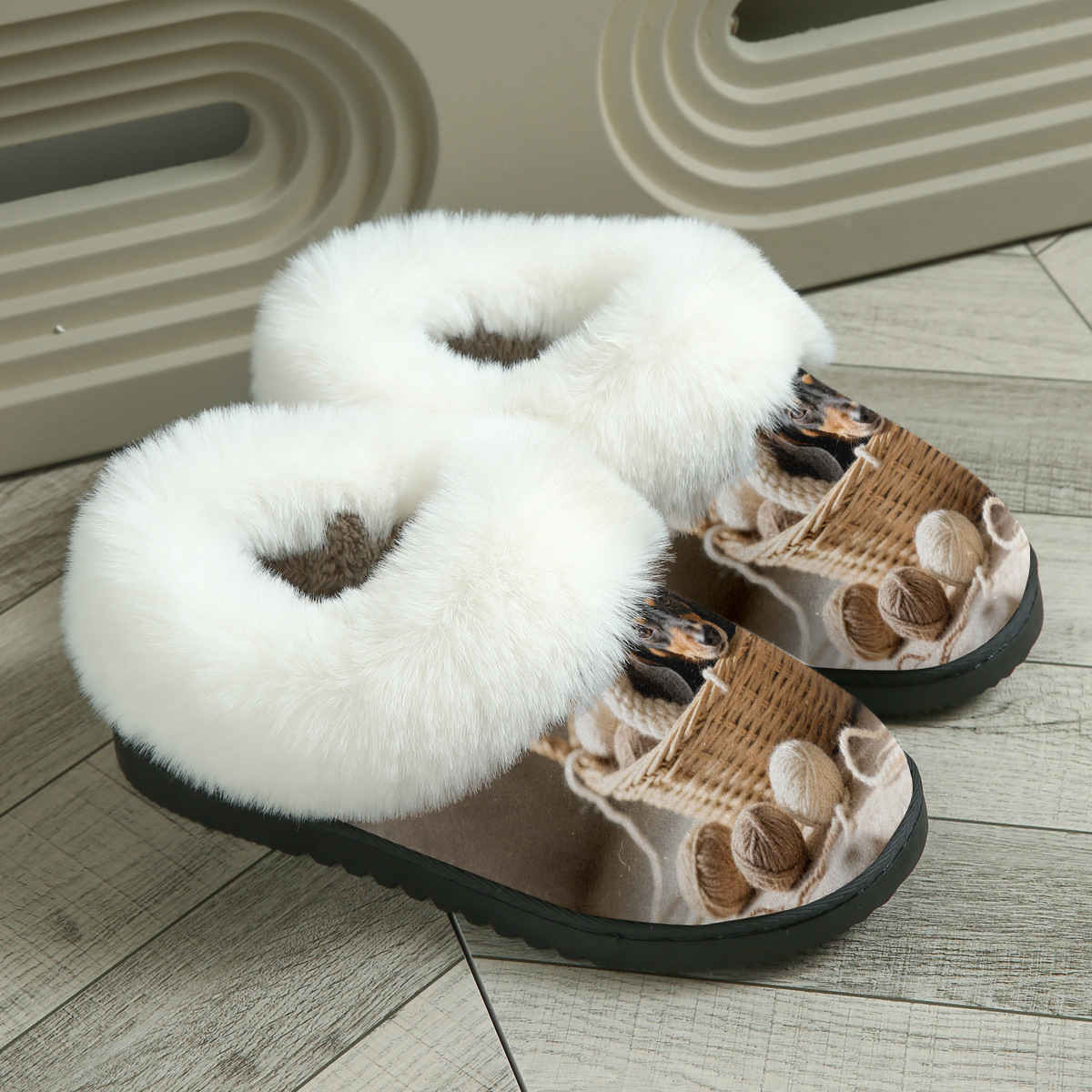Dachshund in Basket Print Fuzzy Slide Sandal with Plush Lining for Cozy Indoor Comfort