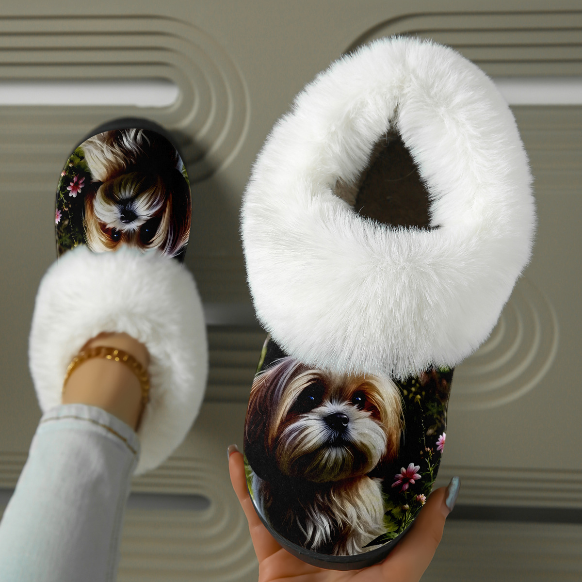 Fuzzy Slide Sandal with Realistic Shih Tzu Print and Plush Lining for Cozy Indoor Comfort