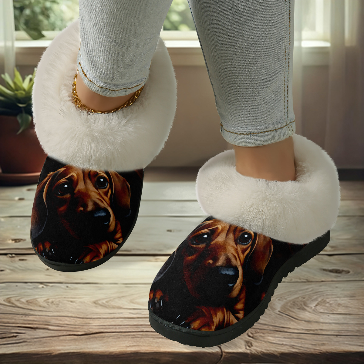 Fuzzy Slide Sandal with Realistic Dachshund Print and Plush Lining for Cozy Indoor Comfort