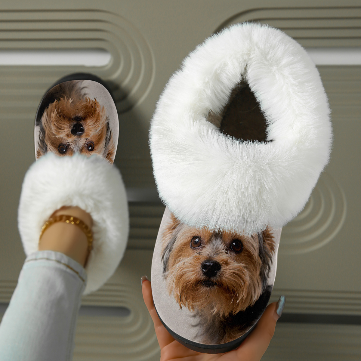 Fuzzy Slide Sandal with Realistic Puppy Print and Plush Lining for Cozy Indoor Comfort