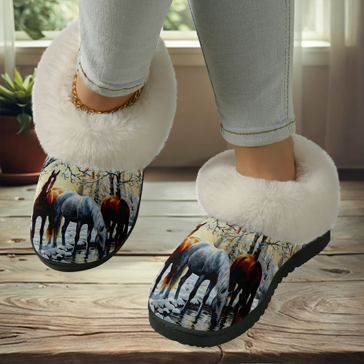 Artistic Horse Print Fuzzy Slide Sandal with Plush Lining for Cozy Winter Indoor Comfort