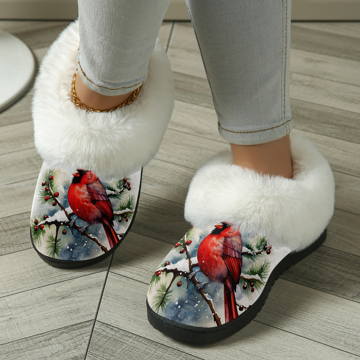 Winter Cardinal Bird Print Fuzzy Slide Sandal with Plush Lining for Cozy Holiday Indoor Comfort