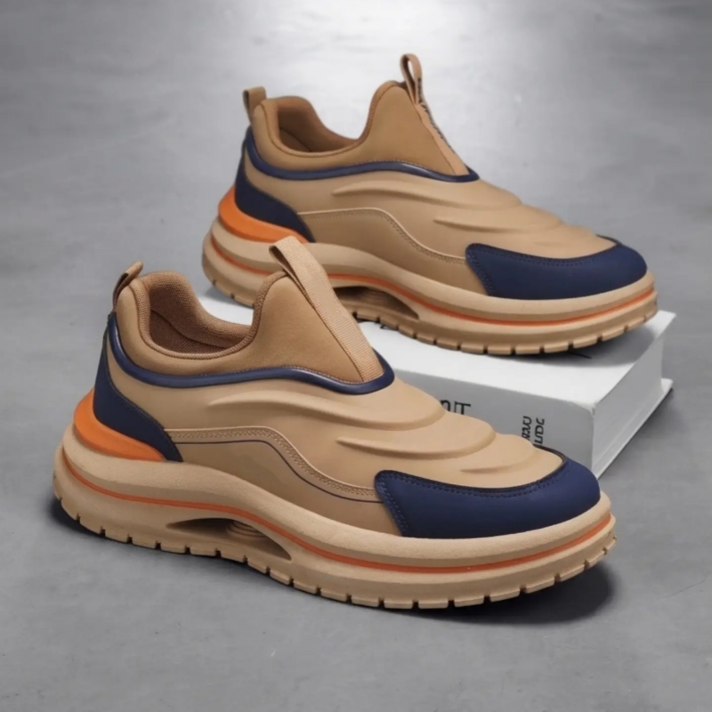 Colorblock Leather Slip On Sneaker with Wavy Thick Sole and Pull Tab for Trendy Casual Street Style