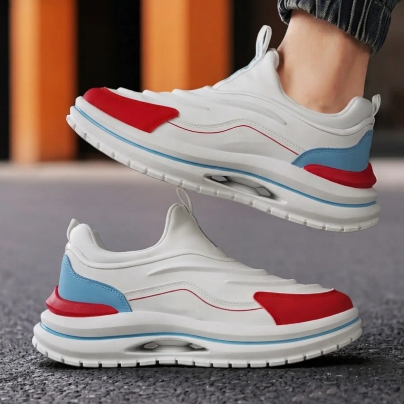 Colorblock Leather Slip On Sneaker with Wavy Thick Sole and Pull Tab for Trendy Casual Street Style
