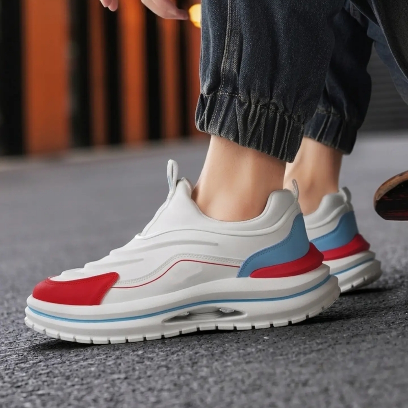 Colorblock Leather Slip On Sneaker with Wavy Thick Sole and Pull Tab for Trendy Casual Street Style