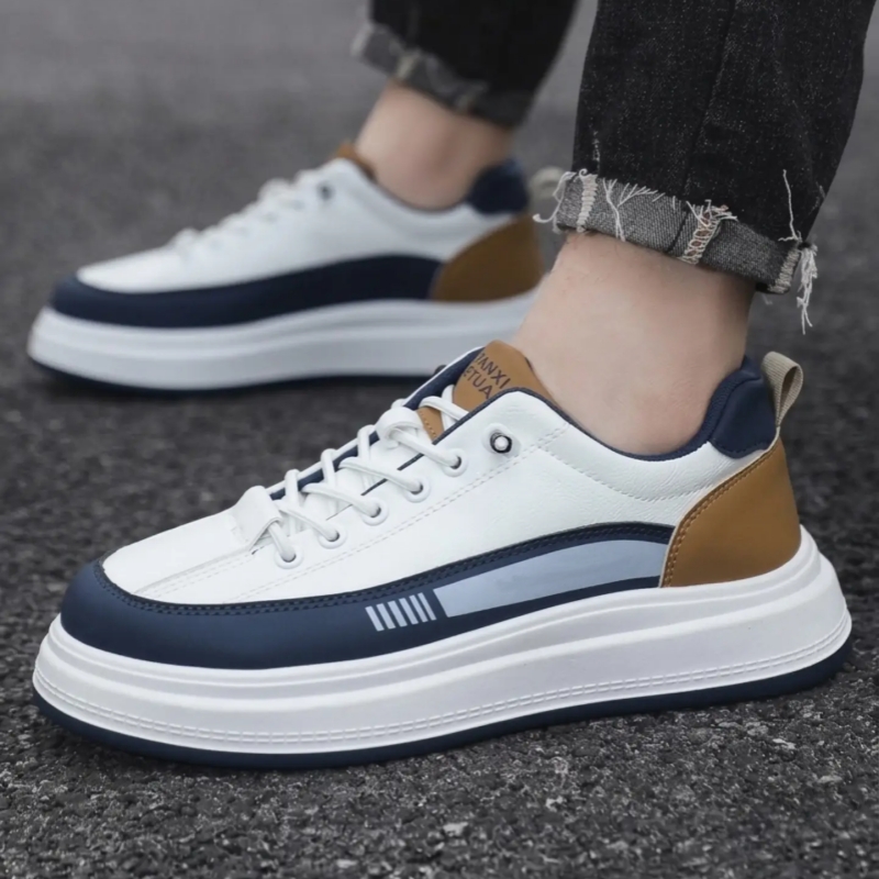 Colorblock Leather Low Top Sneaker with Thick Platform Sole and Side Stripe Detail for Trendy Casual Style