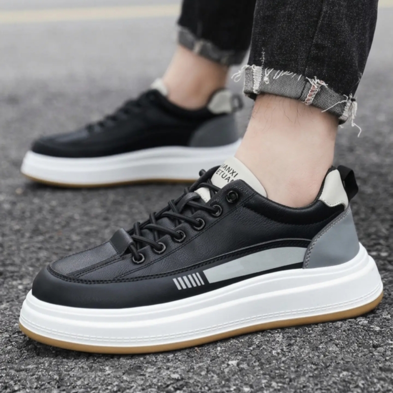 Colorblock Leather Low Top Sneaker with Thick Platform Sole and Side Stripe Detail for Trendy Casual Style