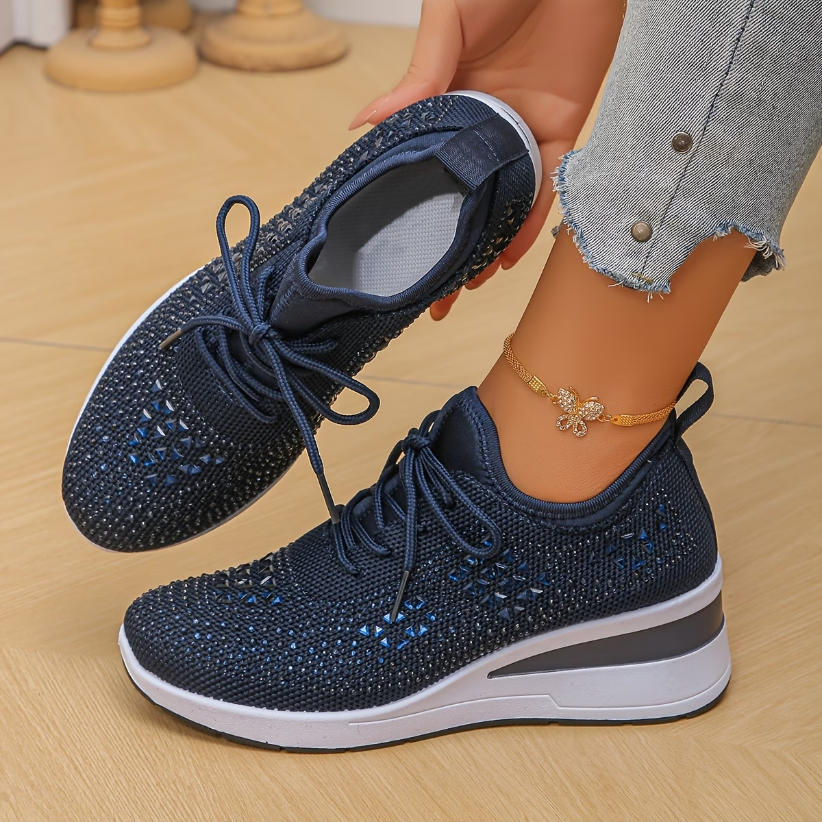 Rhinestone Mesh Lace Up Sneakers