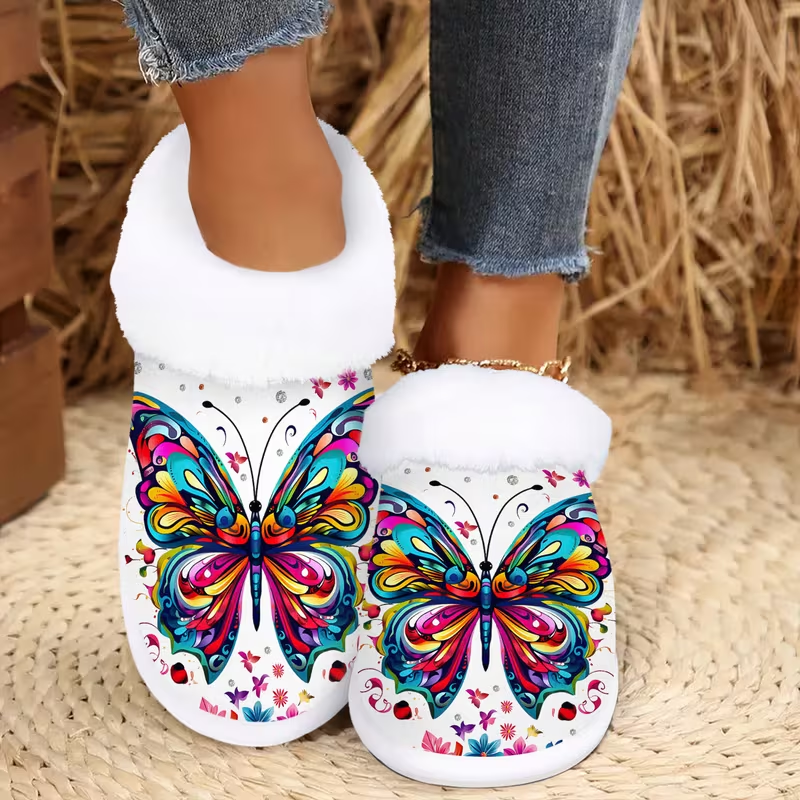 Vibrant Butterfly Art Fuzzy Shoes with Plush Lining for Whimsical Cozy Indoor Comfort