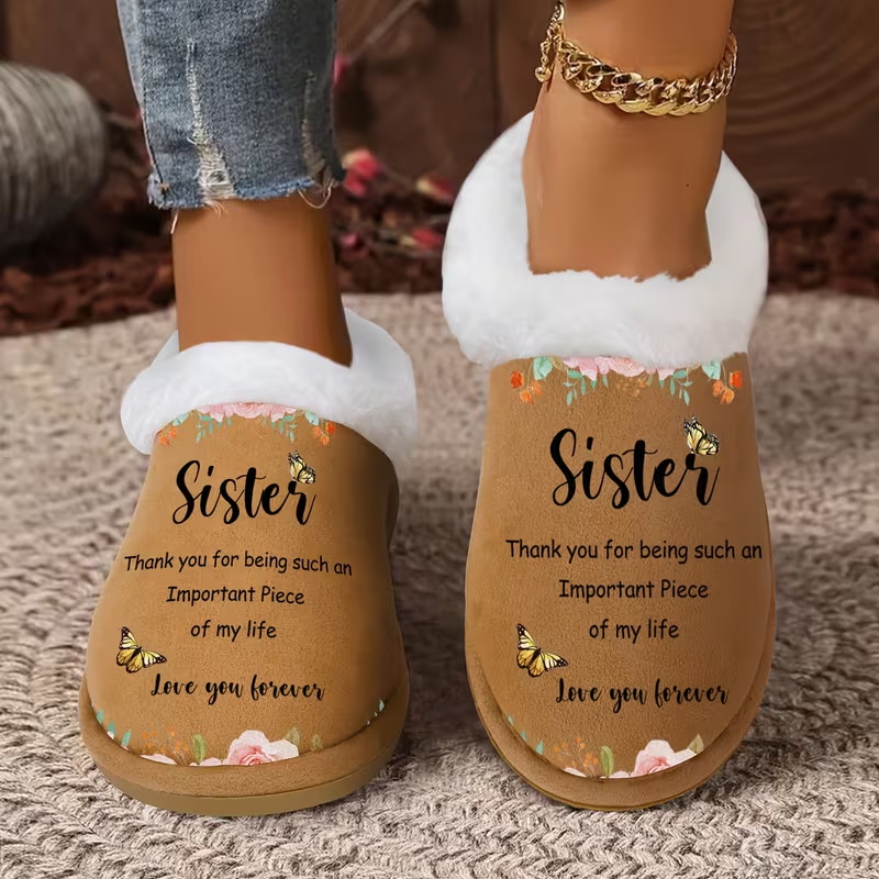 Sister Gift Fuzzy Shoes with Floral Butterfly Print and Heartfelt Message for Cozy Indoor Comfort