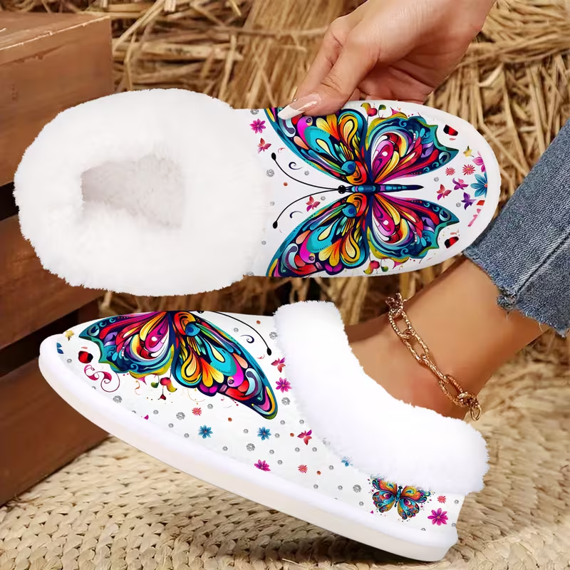 Vibrant Butterfly Art Fuzzy Shoes with Plush Lining for Whimsical Cozy Indoor Comfort