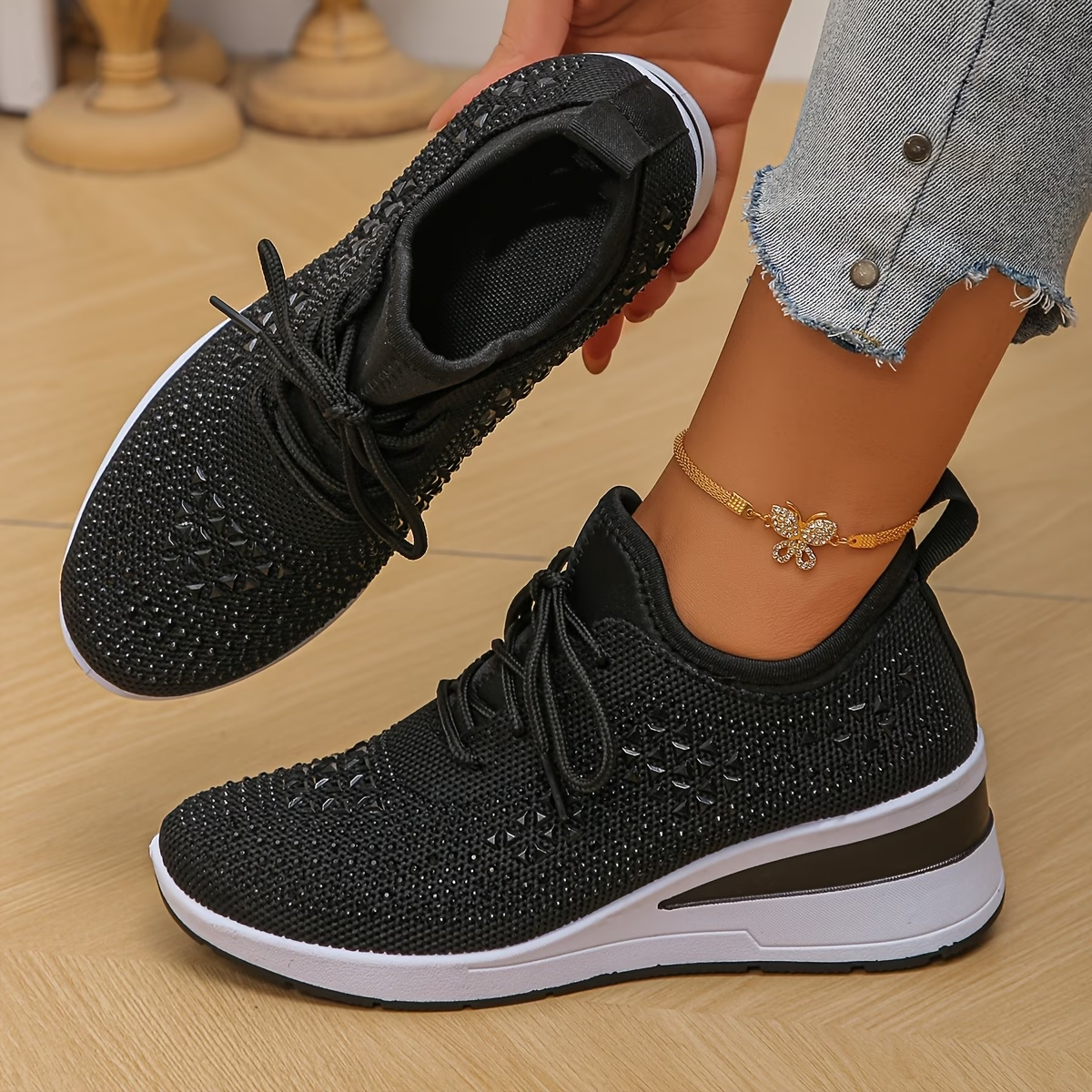 Rhinestone Mesh Lace Up Sneakers