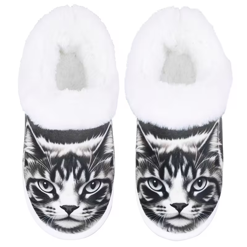 Realistic Tabby Cat Face Print Fuzzy Shoes with Plush Lining for Cozy Indoor Comfort