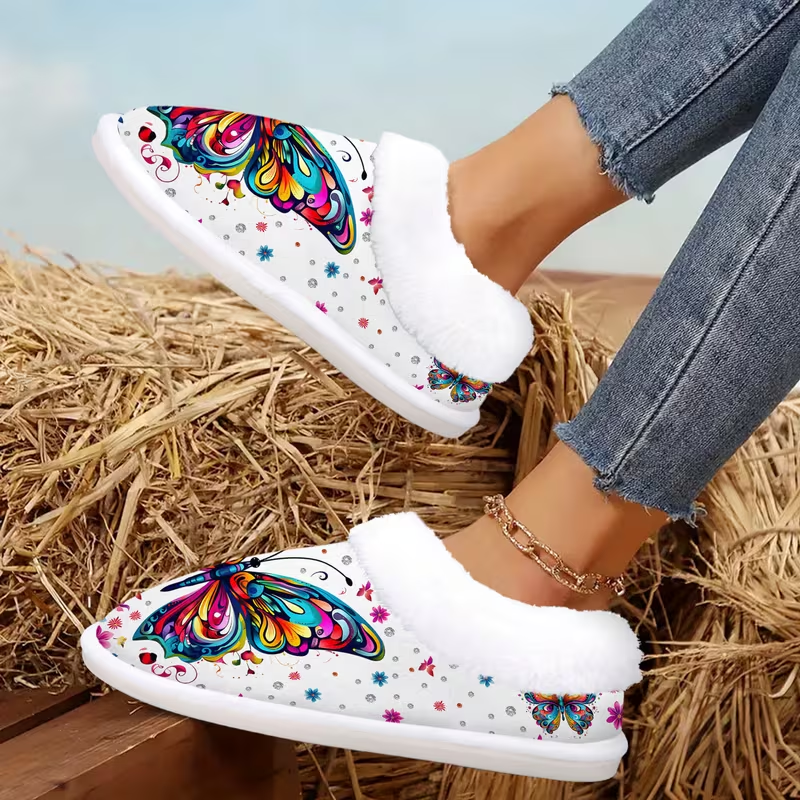 Vibrant Butterfly Art Fuzzy Shoes with Plush Lining for Whimsical Cozy Indoor Comfort