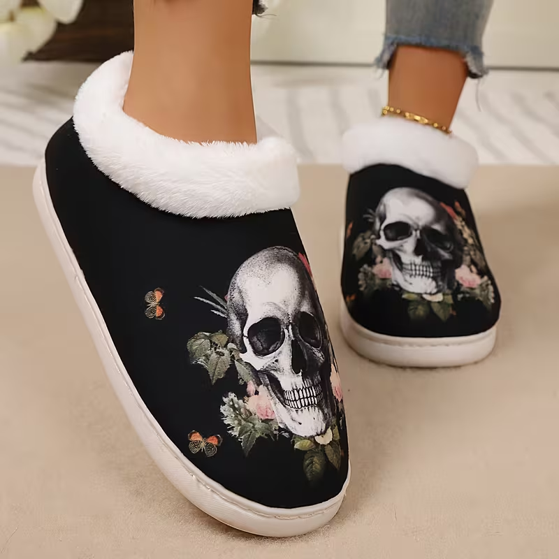 Dark Floral Skull Print Fuzzy Shoes with Plush Lining for Edgy Cozy Indoor Comfort