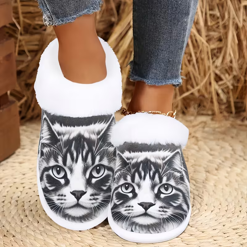 Realistic Tabby Cat Face Print Fuzzy Shoes with Plush Lining for Cozy Indoor Comfort