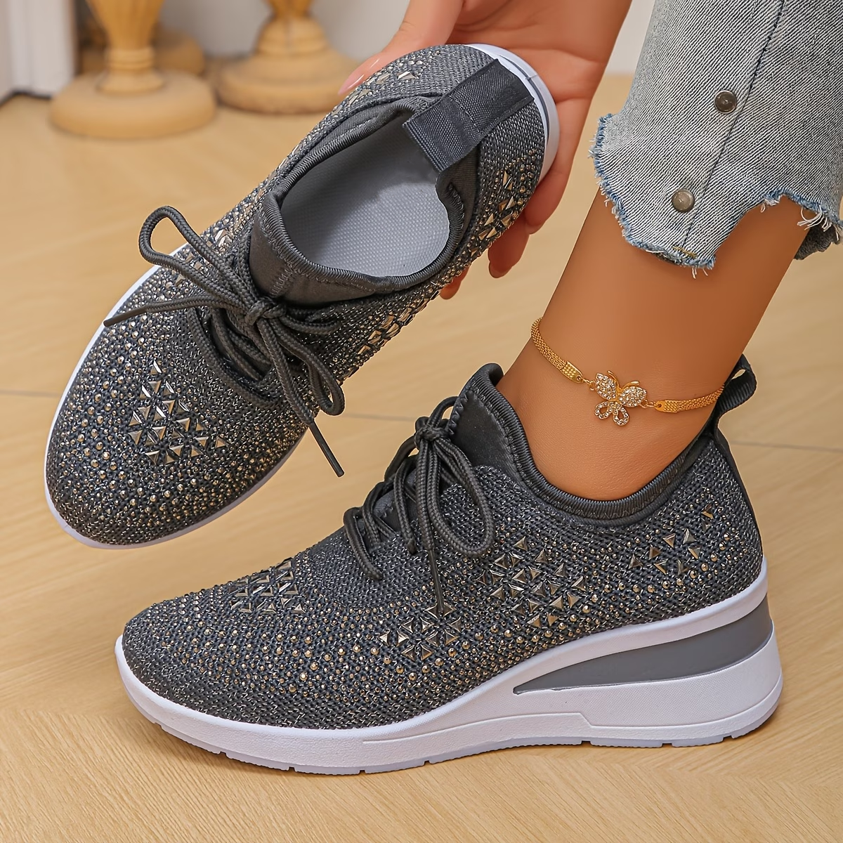 Rhinestone Mesh Lace Up Sneakers