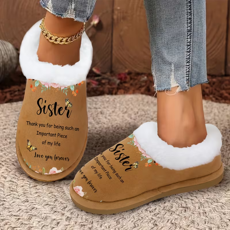 Sister Gift Fuzzy Shoes with Floral Butterfly Print and Heartfelt Message for Cozy Indoor Comfort