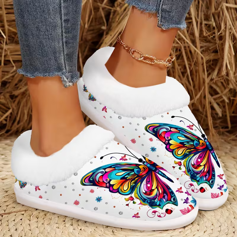 Vibrant Butterfly Art Fuzzy Shoes with Plush Lining for Whimsical Cozy Indoor Comfort