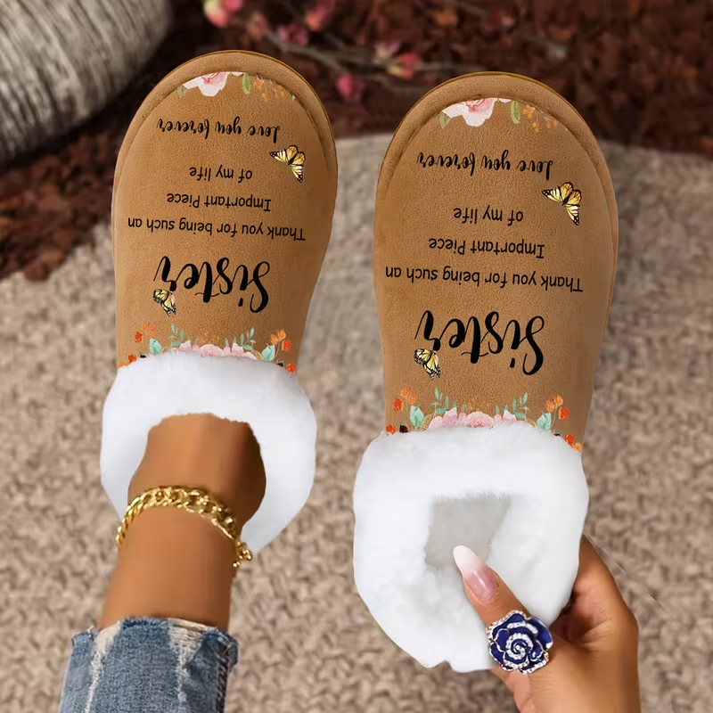 Sister Gift Fuzzy Shoes with Floral Butterfly Print and Heartfelt Message for Cozy Indoor Comfort