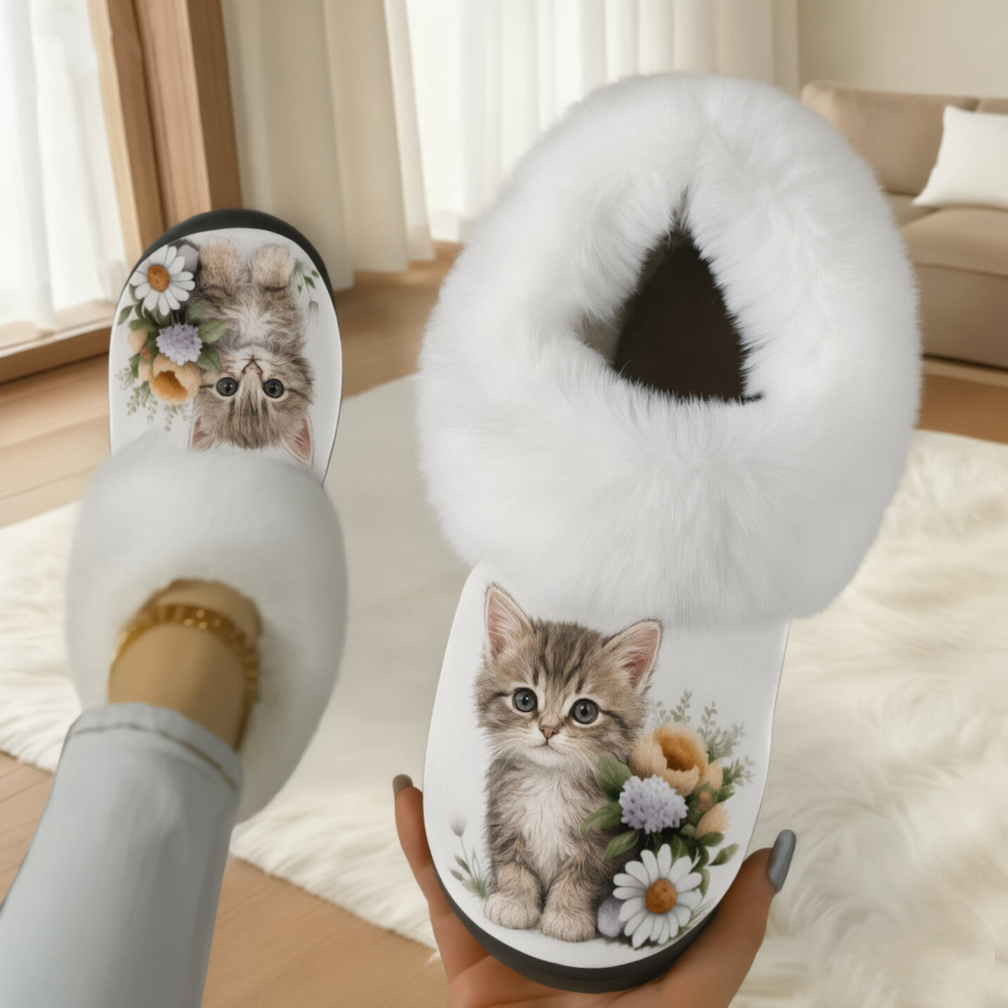 Women's Cute Baby Cat Floral Print Furry Collar Indoor/Outdoor Shoes