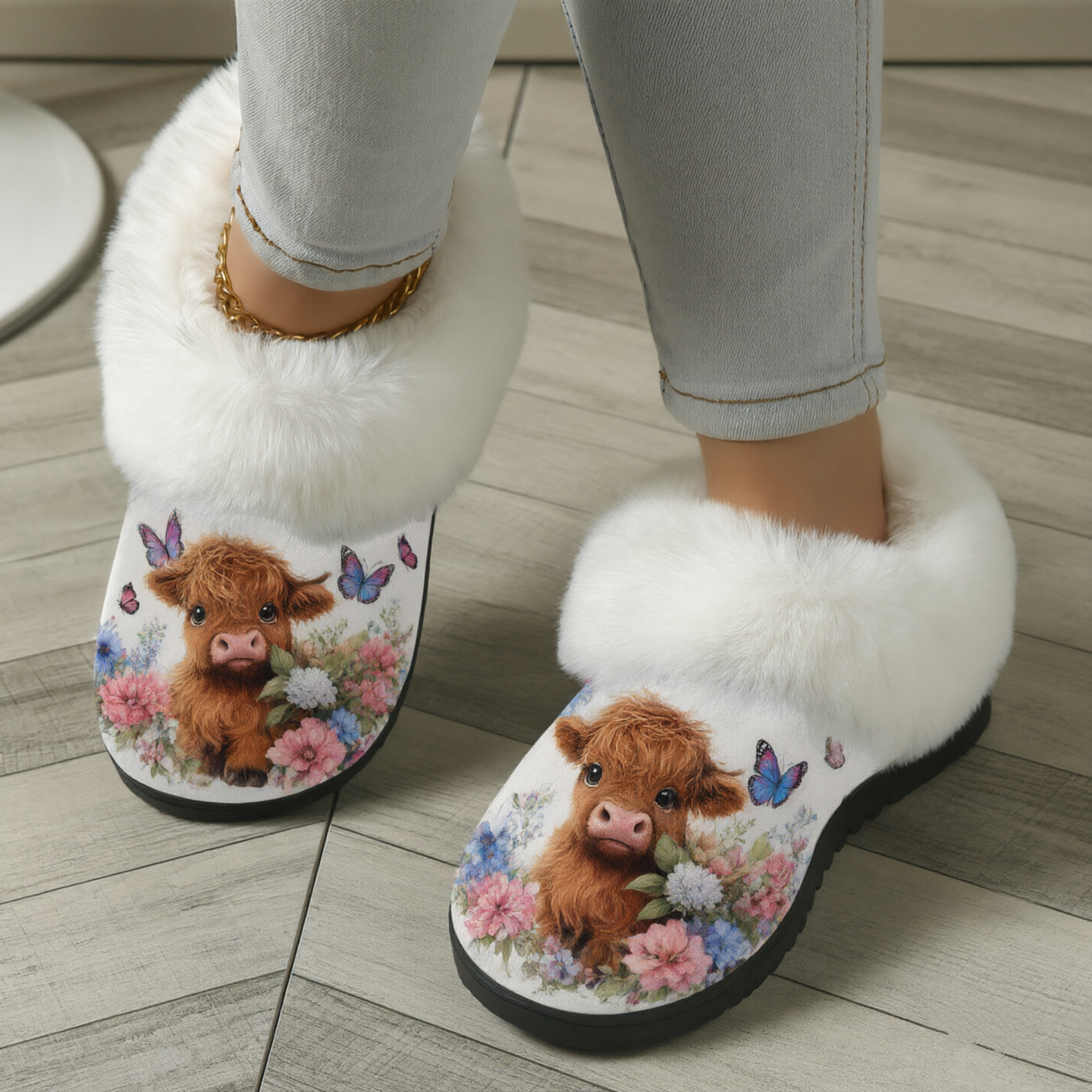 🔥Last Day 49% OFF -Fuzzy Slide Sandal with Cute Calf Print and Floral Butterfly Pattern for Cozy Indoor Comfort