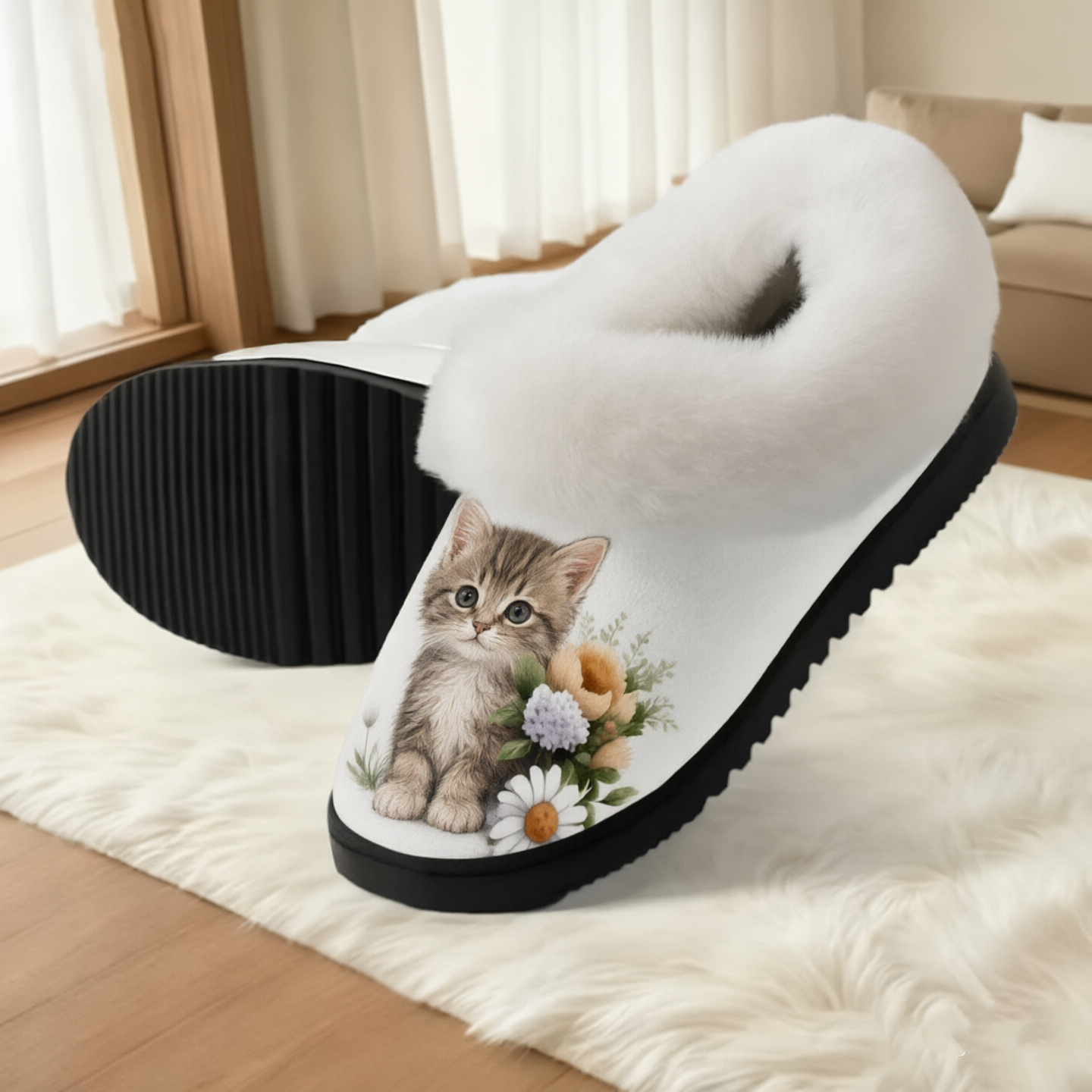 Women's Cute Baby Cat Floral Print Furry Collar Indoor/Outdoor Shoes