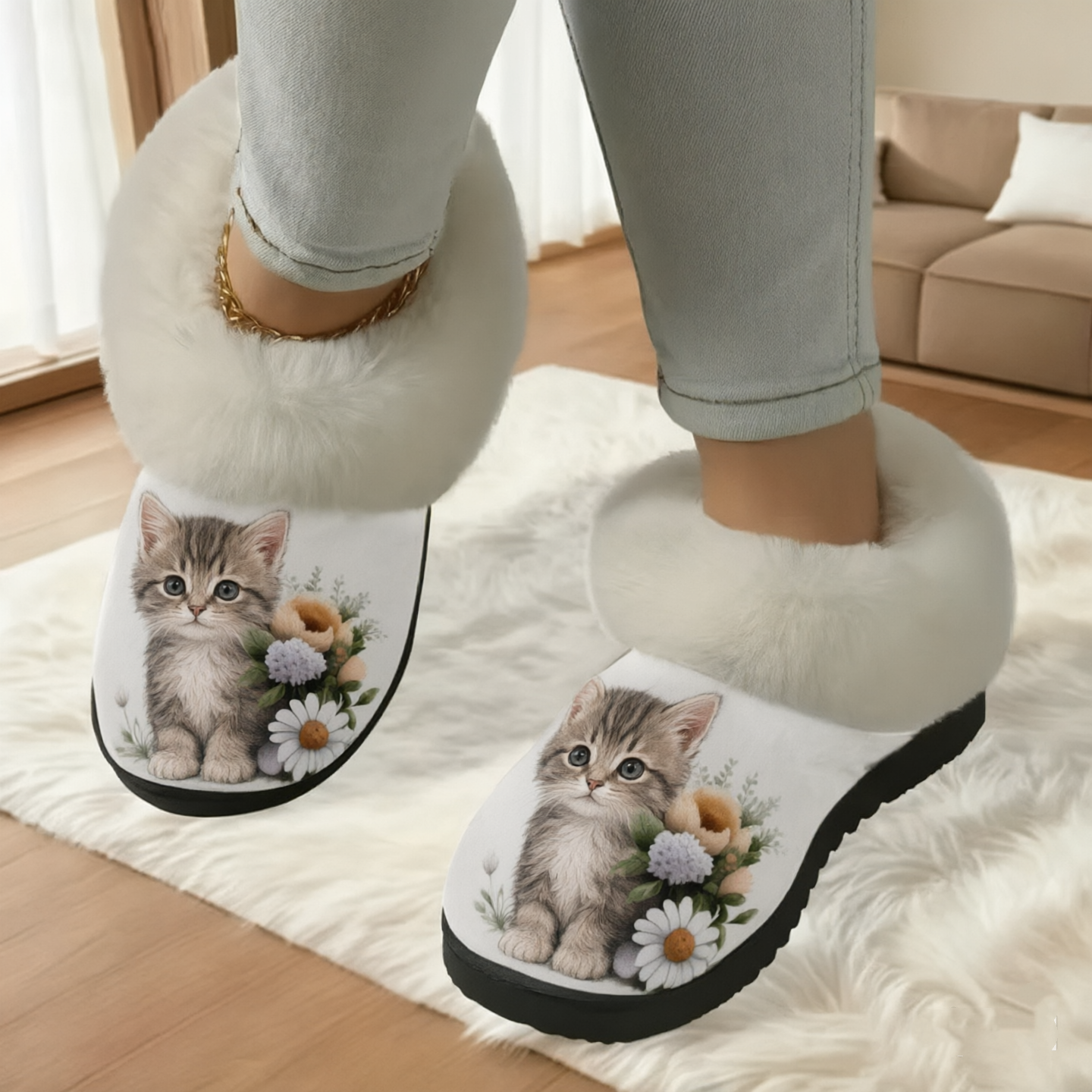 Women's Cute Baby Cat Floral Print Furry Collar Indoor/Outdoor Shoes