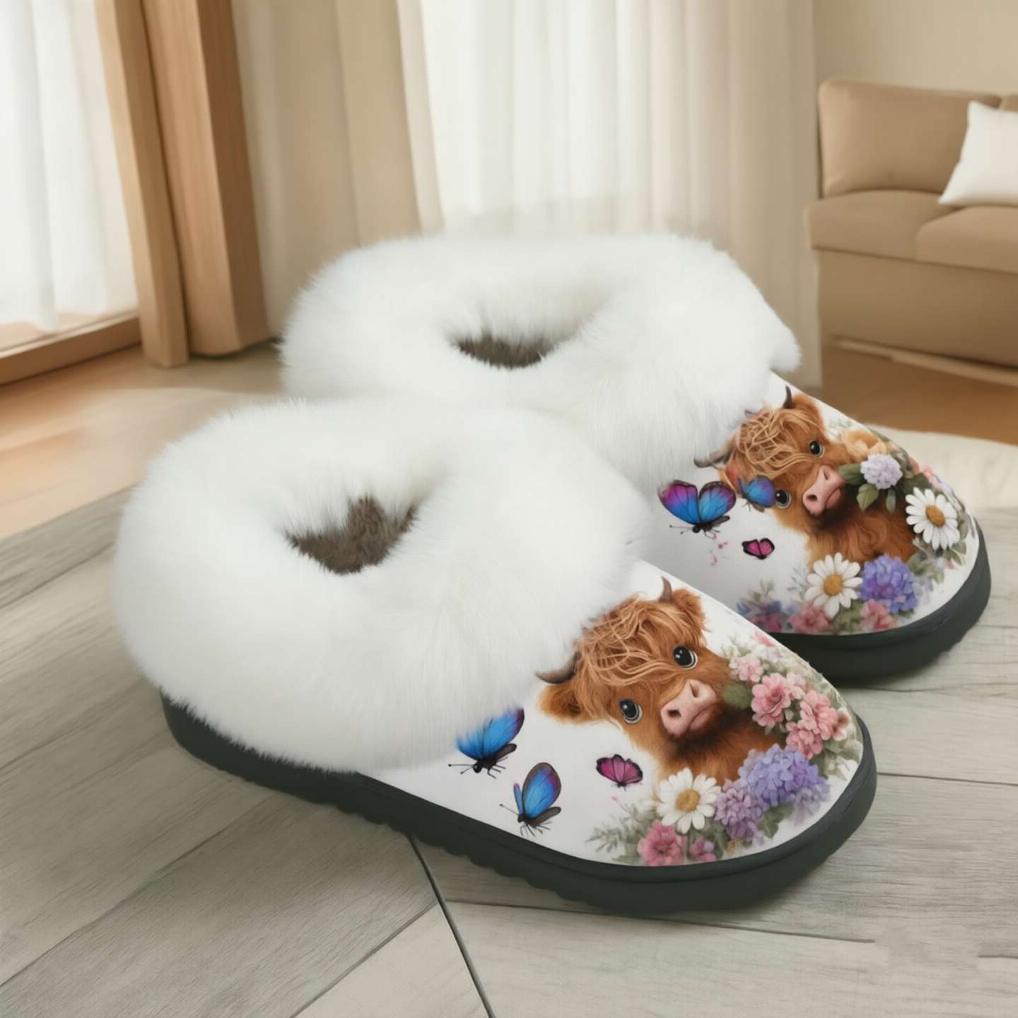 🔥Last Day 49% OFF -Fuzzy Slide Sandal with Cute Calf Print and Floral Butterfly Pattern for Cozy Indoor Comfort