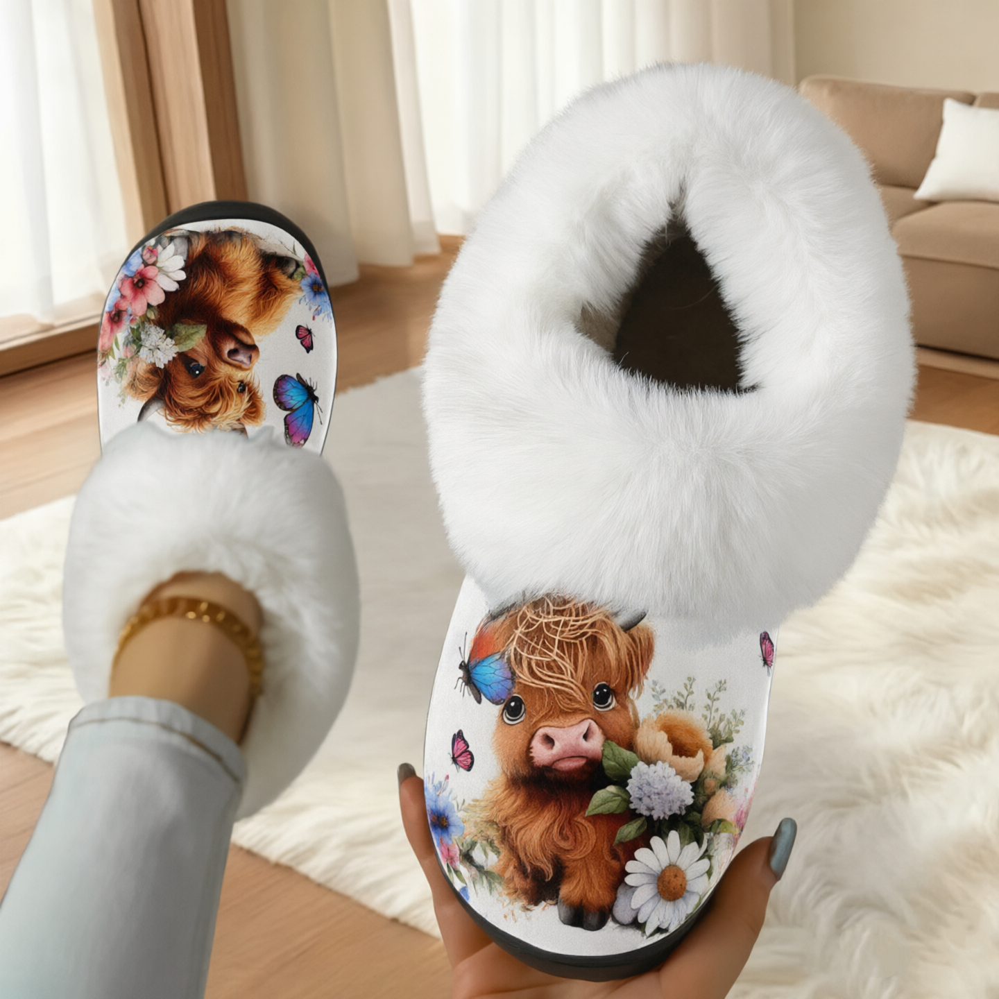 🔥Last Day 49% OFF -Fuzzy Slide Sandal with Cute Calf Print and Floral Butterfly Pattern for Cozy Indoor Comfort