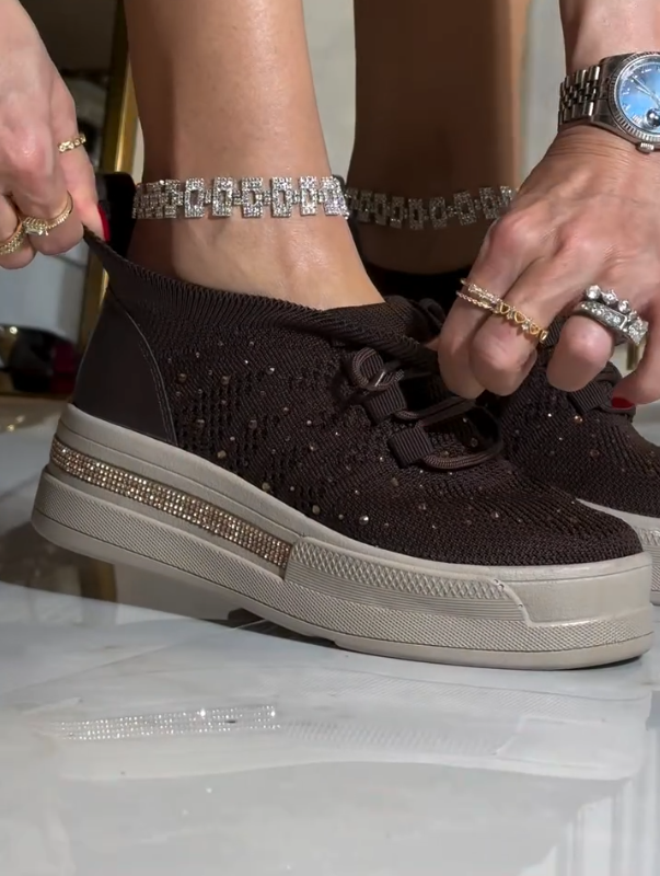 Rhinestone Studded Knit Lace Up Sneakers with Crystal Trim Platform Sole