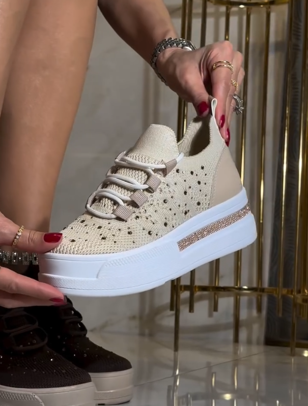 Rhinestone Studded Knit Lace Up Sneakers with Crystal Trim Platform Sole