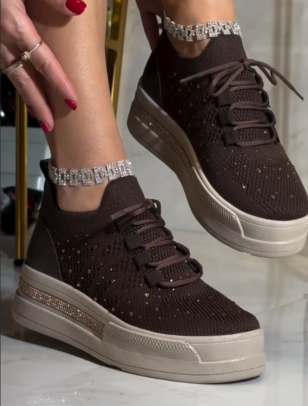 Rhinestone Studded Knit Lace Up Sneakers with Crystal Trim Platform Sole