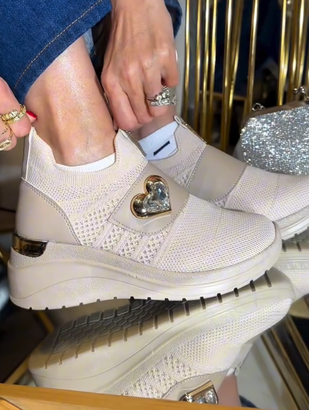 Jewel Heart Embellished Knit Slip On Sneakers with Metallic Accent and Cushioned Wedge Sole
