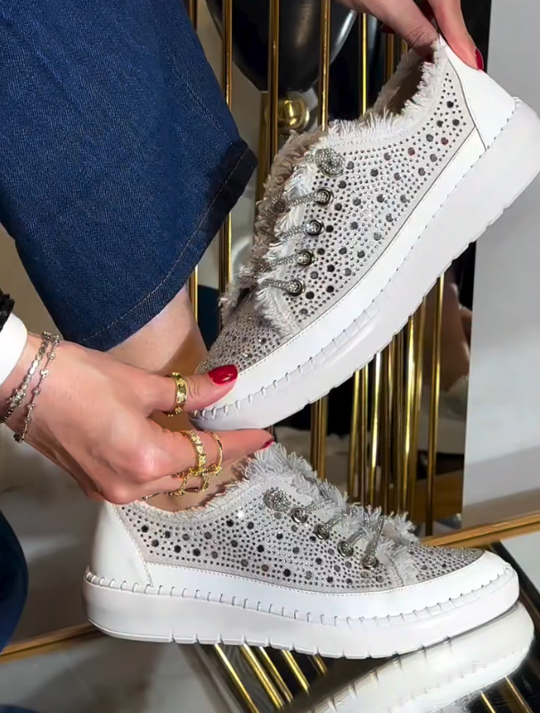 Rhinestone Studded Fringe Trim Lace Up Sneakers with Chunky Platform Sole and Crystal Accents