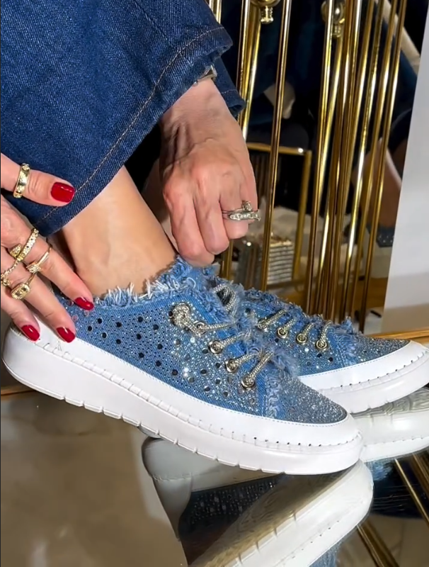 Rhinestone Studded Fringe Trim Lace Up Sneakers with Chunky Platform Sole and Crystal Accents