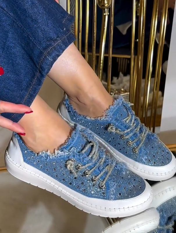 Rhinestone Studded Fringe Trim Lace Up Sneakers with Chunky Platform Sole and Crystal Accents