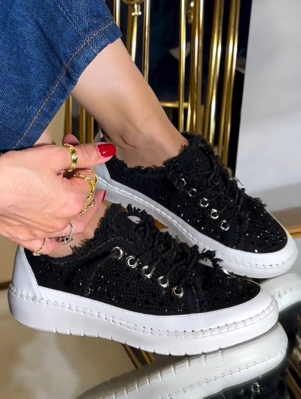 Rhinestone Studded Fringe Trim Lace Up Sneakers with Chunky Platform Sole and Crystal Accents