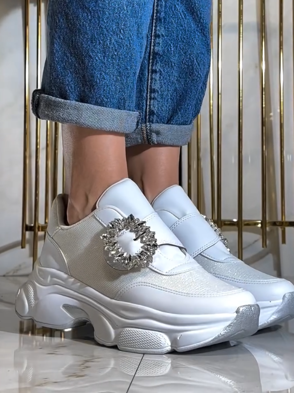 Crystal Flower Embellished Slip On Chunky Sneakers with Sculpted Platform Sole and Mixed Material Upper