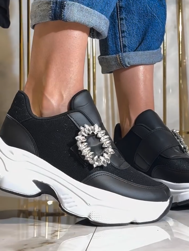 Crystal Flower Embellished Slip On Chunky Sneakers with Sculpted Platform Sole and Mixed Material Upper
