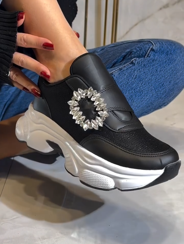 Crystal Flower Embellished Slip On Chunky Sneakers with Sculpted Platform Sole and Mixed Material Upper