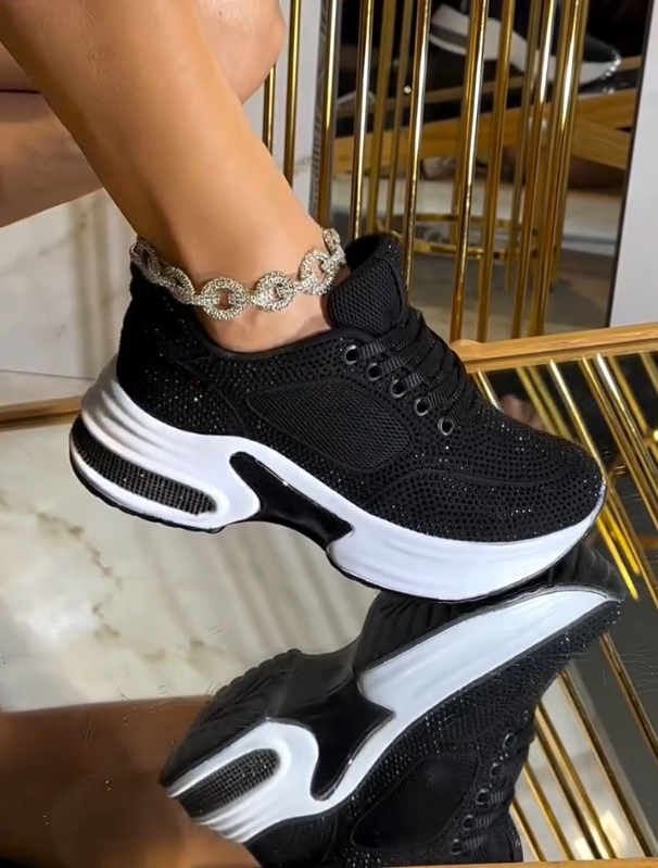 Rhinestone Studded Mesh Lace Up Sneakers with Sculpted Platform Sole and Breathable Knit Upper