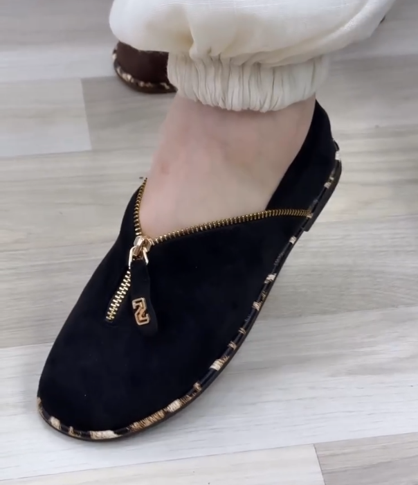 Suede Zip Front Loafer with Tortoise Trim and Gold Hardware Accent