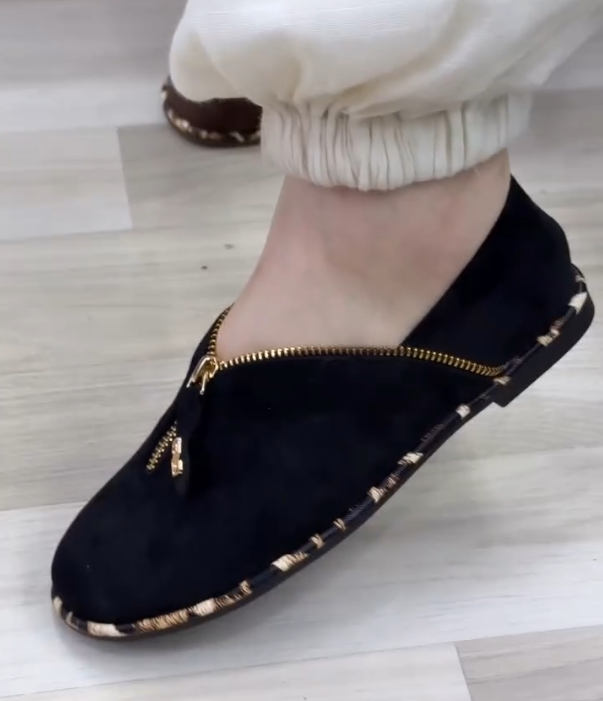 Suede Zip Front Loafer with Tortoise Trim and Gold Hardware Accent