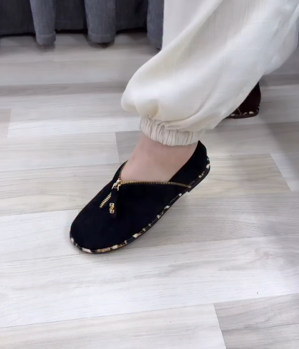 Suede Zip Front Loafer with Tortoise Trim and Gold Hardware Accent