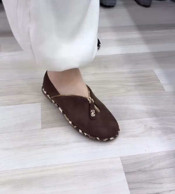 Suede Zip Front Loafer with Tortoise Trim and Gold Hardware Accent
