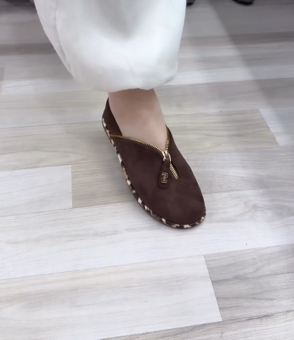 Suede Zip Front Loafer with Tortoise Trim and Gold Hardware Accent