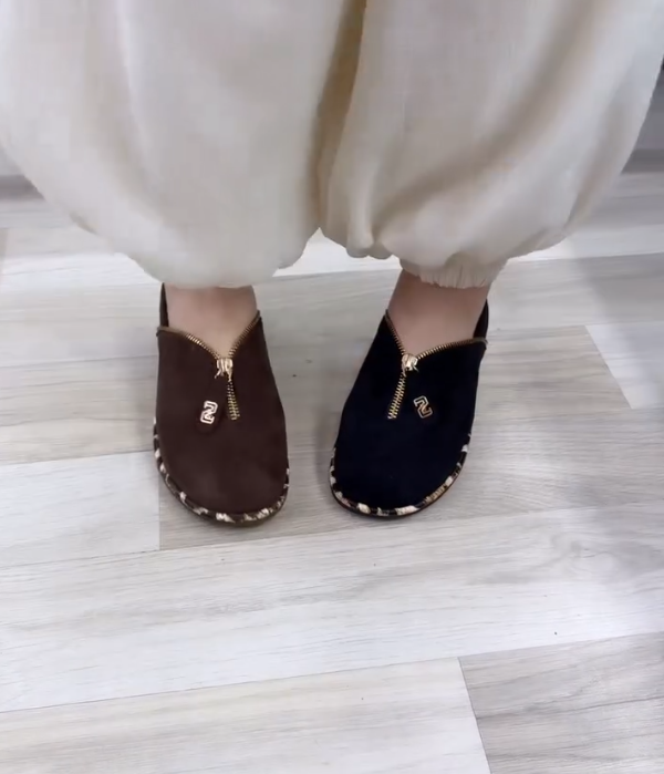 Suede Zip Front Loafer with Tortoise Trim and Gold Hardware Accent